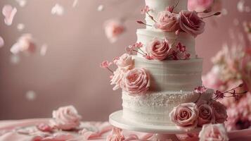 ai generiert elegant Hochzeit Kuchen mit Rosa Blumen auf Tabelle foto