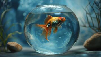 ai generiert Goldfisch Schwimmen im Fischglas mit Felsen und Wasser foto