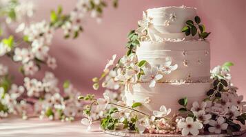 ai generiert Hochzeit Kuchen mit Weiß Blumen auf Tabelle foto