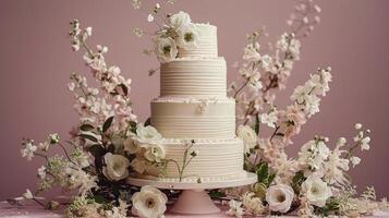 ai generiert Hochzeit Kuchen mit Blumen auf ein Tabelle foto