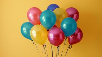 ai generiert Gruppe von bunt Luftballons auf Gelb Hintergrund foto