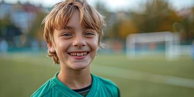 ai generiert jung Junge lächelnd auf Fußball Feld foto