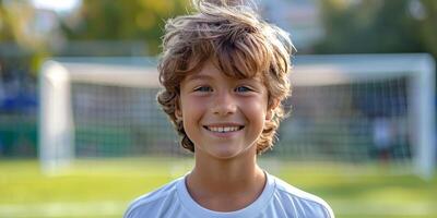 ai generiert jung Junge Stehen im Vorderseite von Fußball Tor foto