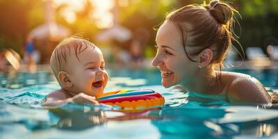 ai generiert Frau und Baby spielen im ein Schwimmbad foto