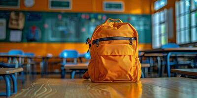 ai generiert Rucksack auf Tabelle im Klassenzimmer foto