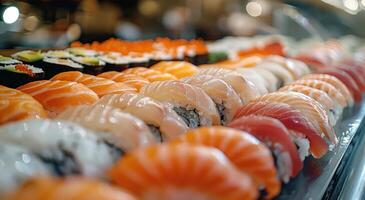 ai generiert Sushi ist ein Gericht und hat ein Menge von Zutaten foto