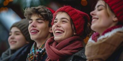 ai generiert Gruppe von Menschen tragen Weihnachten Hüte Singen foto