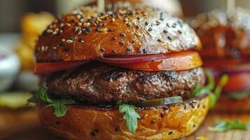 ai generiert köstlich Hamburger mit Zwiebeln, Käse, und Grüner Salat foto