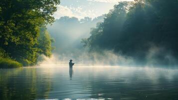 ai generiert Mann Stehen im Wasser halten Angeln Stange foto