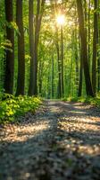 ai generiert Schmutz Straße Schneiden durch Wald foto