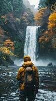 ai generiert Person mit Rucksack Stehen im Vorderseite von Wasserfall foto