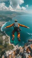 ai generiert Fallschirmspringen Mann im Orange Jacke Über Ozean foto