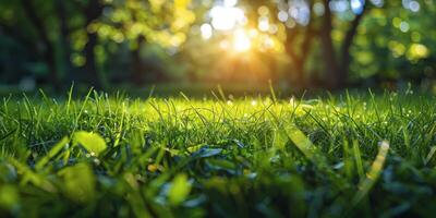 ai generiert schließen oben von Gras mit Sonne im Hintergrund foto