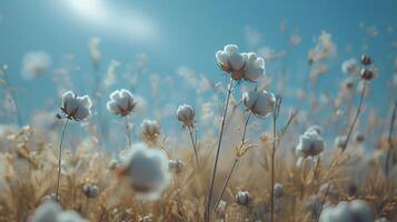 ai generiert Feld von Baumwolle Pflanzen unter Blau Himmel foto