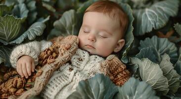 ai generiert Baby Schlafen im Decke umgeben durch Grün Blätter foto