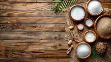 hölzern Tabelle mit Kokosnüsse und Kokosnuss Milch foto