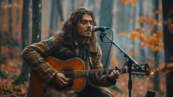 Mann spielen Gitarre im Wald foto