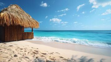 Bank unter Stroh Dach durch das Strand foto