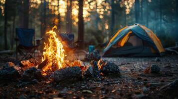 Lagerfeuer Verbrennung hell neben Zelt foto