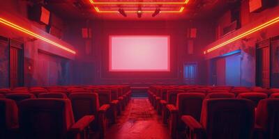 leeren Theater mit rot Beleuchtung und groß Bildschirm foto