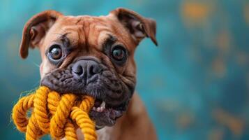 braun Hund halten Gelb Seil im Mund foto