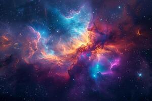 ai generiert ein beschwingt Darstellung von ein kosmisch Nebel, mit ein Vielzahl von Sterne einstellen gegen Reich interstellar Wolken im lebendig Farbtöne foto