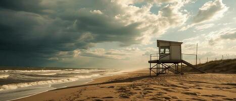 ai generiert ein einsam Rettungsschwimmer Turm steht bewachen Über ein verlassen Strand, mit foto