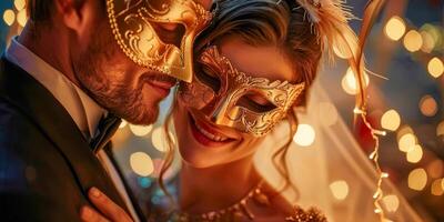 ai generiert anspruchsvoll Paar gekleidet im elegant Abend Kleidung tragen aufwendig golden Maskerade Masken mit Gefieder, posieren im ein schwach zündete Ambiente. foto