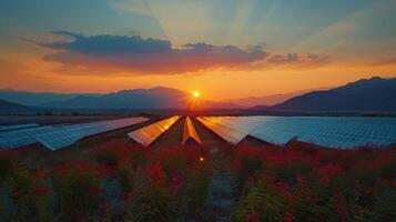 Sonne Rahmen Über Feld von Solar- Paneele foto