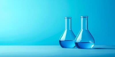 ai generiert zwei Labor Glas Flaschen mit Blau Flüssigkeiten, ordentlich vereinbart worden auf ein Blau Oberfläche mit ein minimalistisch wissenschaftlich Konfiguration foto
