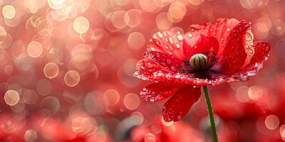 ai generiert Nahansicht von ein einsam rot Mohn Blume, es ist zart Blütenblätter geschmückt mit frisch Wasser Tröpfchen gegen ein weich, Bokeh Hintergrund foto
