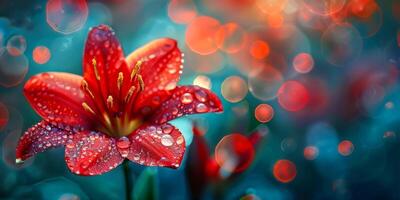 ai generiert ein atemberaubend rot Lilie mit Wasser Tröpfchen einstellen gegen ein Segeltuch von glühend Bokeh Beleuchtung foto