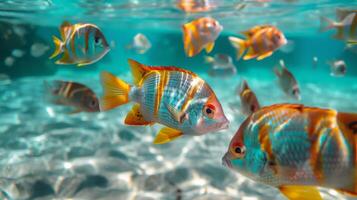 ai generiert groß Gruppe von Fisch Schwimmen im das Ozean foto