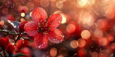 ai generiert mit Tau gesprenkelt rot Blume mit ein golden Bokeh funkeln schafft ein fesselnd, festlich Atmosphäre im ein beschwingt natürlich Rahmen foto