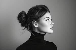 ai generiert Frau mit ein glatt Brötchen Frisur tragen ein schwarz Rollkragen, Profil Aussicht im ein schwarz und Weiß künstlerisch Porträt foto