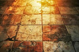 ai generiert Foto von ein verwittert gefliest Fußboden mit Risse und verstreut Trümmer beleuchtet durch warm Sonnenlicht