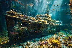 ai generiert ein unter Wasser Szene mit ein versunken Schiff bedeckt im Koralle und Marine Leben, beleuchtet durch ein Taucher Licht foto