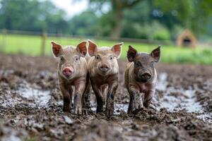 ai generiert jung Schweine spielen im ein schlammig Feld auf ein sonnig Tag foto