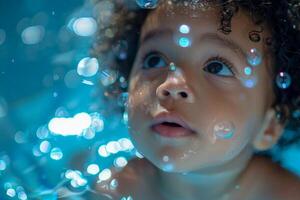 ai generiert Nahansicht unter Wasser Schuss von ein Babys Gesicht, mit breit neugierig Augen und Luft Luftblasen Umgebung Sie foto