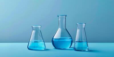 ai generiert drei Labor Glas Flaschen mit Blau Flüssigkeiten, ordentlich vereinbart worden auf ein Blau Oberfläche mit ein minimalistisch wissenschaftlich Konfiguration foto
