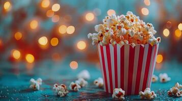 Popcorn Eimer gefüllt mit Popcorn auf ein Tabelle foto