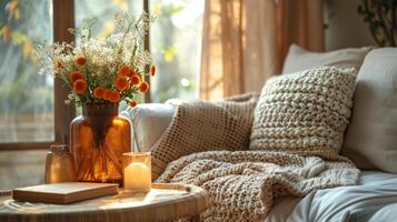 modern Leben Zimmer mit Weiß Couch und Decken foto