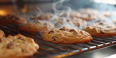 ai generiert köstlich Kekse mit Dampf steigend, Anzeige Sie sind beide von das Ofen. foto