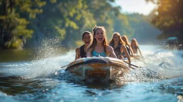 Gruppe von Menschen Reiten Jet Ski auf ein Körper von Wasser foto