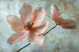 ai generiert ätherisch Rosa Magnolie Blumen blühen anmutig Über ein verblasst, Vintage-Stil Hintergrund mit ein verträumt Atmosphäre foto
