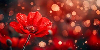 ai generiert ein rot Mohn drapiert im Morgen Tau, mit ein dynamisch tanzen von Bokeh Beleuchtung im das Hintergrund aufrufen ein beschwingt Energie foto