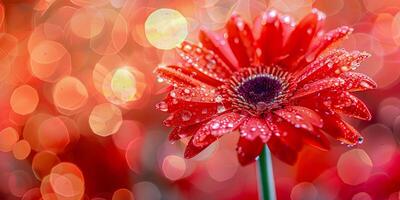ai generiert das warm glühen von Sonnenlicht leuchtet ein rot Blume geschmückt mit funkelnd Wasser Tröpfchen, verkörpern ein heiter Morgen im das Garten foto