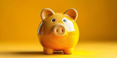 ai generiert Keramik Gelb Schweinchen Bank auf passend Gelb Hintergrund. Ersparnisse und finanziell konzept foto