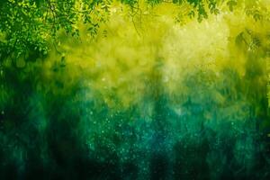ai generiert sonnendurchflutet Grün Blätter mit glitzernd Bokeh Tröpfchen foto