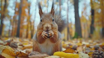 Eichhörnchen Essen Nuss im Stapel von Blätter foto